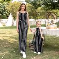 Black Striped Spaghetti Strap Belted Jumpsuits for Mom and Me Black