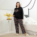 2-piece Women Plus Size Casual Pumpkin Skeleton Print Long-sleeve Tee and Pants Pajamas Lounge Set Black