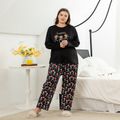 2-piece Women Plus Size Casual Pumpkin Skeleton Print Long-sleeve Tee and Pants Pajamas Lounge Set Black