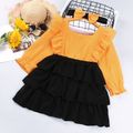 2pcs Square Neck Ruffle and Bow Decor Flounce Layered Color Block Long-sleeve Ginger Toddler Dress with Headband Set Ginger