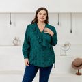 Women Plus Size Elegant V Neck Allover Print Flounce Long-sleeve Blouse Green