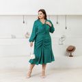 Women Plus Size Elegant Polka dots Ruched Drawstring Long-sleeve Dress Green