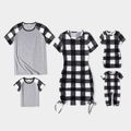 Family Matching Plaid Short-sleeve Ruched Dresses and Raglan-sleeve T-shirts Sets Black/White