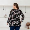 Women Plus Size Vacation Floral Print Lace Design Irregular Hem Blouse Black