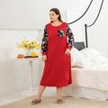 Women Plus Size Elegant Round-collar Long-sleeve Stitching Nightgown Red