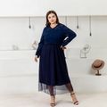 Women Plus Size Elegant Lace Design Long-sleeve Mesh Dress Deep Blue