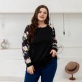 Women Plus Size Casual Floral Print Long-sleeve T-shirt Black