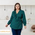 Women Plus Size Elegant V Neck Allover Print Flounce Long-sleeve Blouse Green