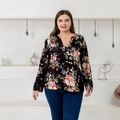 Women Plus Size Casual Floral Print V Neck Long-sleeve Blouse Black