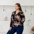 Women Plus Size Casual Floral Print V Neck Long-sleeve Blouse Black