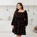 Women Plus Size Elegant Fruit Cherry Print Square Neck Long-sleeve Dress Multi-color