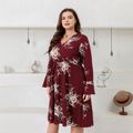 Women Plus Size Vacation Floral Print Surplice Neck Long-sleeve Dress Burgundy