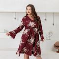 Women Plus Size Vacation Floral Print Surplice Neck Long-sleeve Dress Burgundy