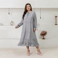 Women Plus Size Casual Allover Print Round-collar Long-sleeve Dress Beige