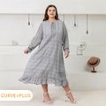 Women Plus Size Casual Allover Print Round-collar Long-sleeve Dress Beige