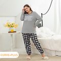 2-piece Women Plus Size Casual Letter Print Long-sleeve Tee and Plaid Pants Pajamas Lounge Set Grey