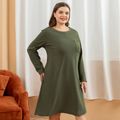 Women Plus Size Basics Round-collar Pocket Design Long-sleeve Tee Dress Army green