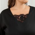 Women Plus Size Casual V Neck Lace Design Black Pullover Sweatshirt Black