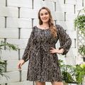 Women Plus Size Vacation Allover Print Button Design Long-sleeve Dress Coffee