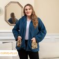 Women Plus Size Casual Leopard Pocket Design Zipper Fuzzy Coat Dark Blue