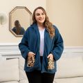 Women Plus Size Casual Leopard Pocket Design Zipper Fuzzy Coat Dark Blue