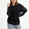Casual Black Top-stitching Round-collar Long-sleeve Pullover Black