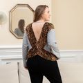 Women Plus Size Casual Backless Leopard Print Long-sleeve Tee Grey