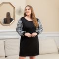 Women Plus Size Casual Leopard Print Colorblock Long-sleeve Dress Black