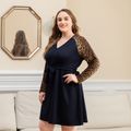 Women Plus Size Casual Leopard Print V Neck Raglan Sleeve Dress Black