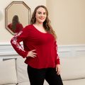 Women Plus Casual Size Floral Print Long-sleeve Tee Red