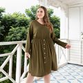 Women Plus Size Basics V Neck Button Design Long-sleeve Dress Army green