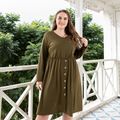 Women Plus Size Basics V Neck Button Design Long-sleeve Dress Army green