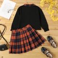 2-piece Kid Girl Plaid Collar Long-sleeve Polo Shirt and Pleated Skirt Set Black