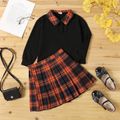 2-piece Kid Girl Plaid Collar Long-sleeve Polo Shirt and Pleated Skirt Set Black