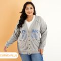 Women Plus Size Casual Letter Print Button Design Sweatshirt Jacket Sweatshirt with Pocket Light Grey