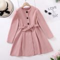 Kid Girl Solid Color Button Design Belted Trench Coat Pink
