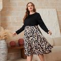 Women Plus Size Elegant Leopard Print Round-collar Splice Long-sleeve Dress Multi-color