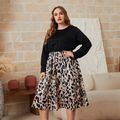 Women Plus Size Elegant Leopard Print Round-collar Splice Long-sleeve Dress Multi-color