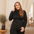 Women Plus Size Sporty Mesh Design Stand Collar Zipper Jacket Black