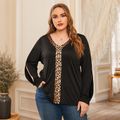 Women Plus Size Elegant Leopard Print Colorblock V Neck Long-sleeve Tee Black