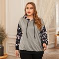 Women Plus Size Casual Floral Print Colorblock Drawstring Hoodie Sweatshirt Grey