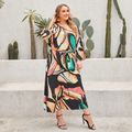 Women Plus Size Vacation Allover Print Round-collar Long-sleeve Dress Multi-color
