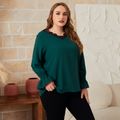 Women Plus Size Elegant Lace Design V Neck Long-sleeve Blouse Dark Green