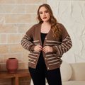 Women Plus Size Casual Striped Button Design Sweater Cardigan Coat Coffee
