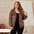 Women Plus Size Casual Striped Button Design Sweater Cardigan Coat Coffee