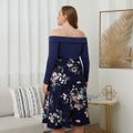 Women Plus Size Vacation Off Shoulder Floral Print Splice Long-sleeve Dress Dark Blue