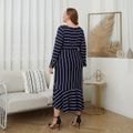 Women Plus Size Casual V Neck Stripe Long-sleeve Dress Dark Blue