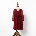 Family Matching Swiss Dot Long-sleeve Belted Wrap Dress and Color Block T-shirts Sets Burgundy