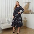 Women Plus Size Elegant Dragon Print Long-sleeve Dress Black