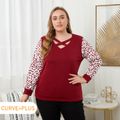 Women Plus Size Casual Crisscross Leopard Print Pullover Sweatshirt MAROON